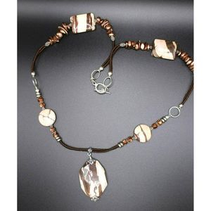 Unique Long Jasper Pendant Necklace Brown White Copper Silver‎ Tone Toggle Clasp